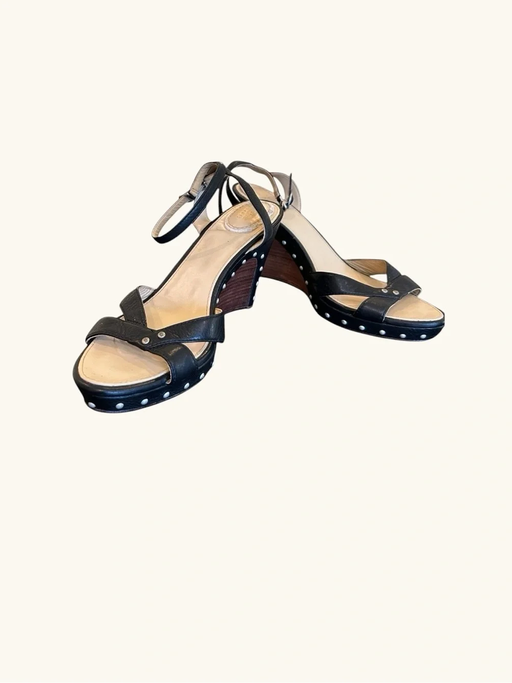 🩶 UGG Australia Black Leather Studded Wedge Sandals| Boho Sling-backs | Sz 9W
